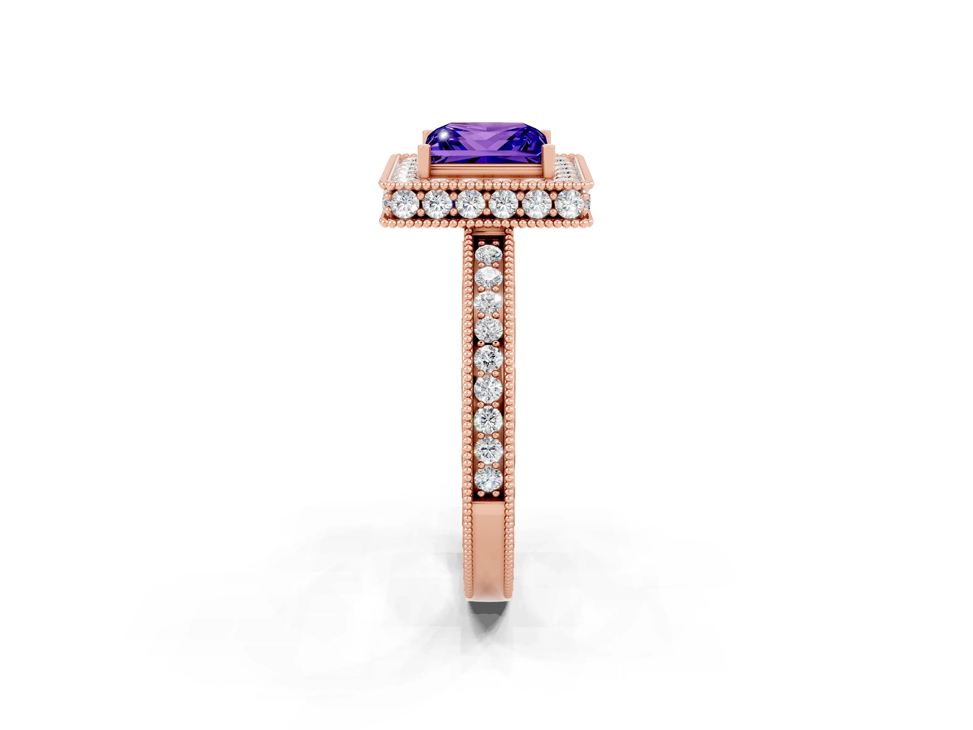 Rose gold Princess Cut Halo Diamond Engagement Ring with Milgrain Pave Band and Four-Prong Setting_2