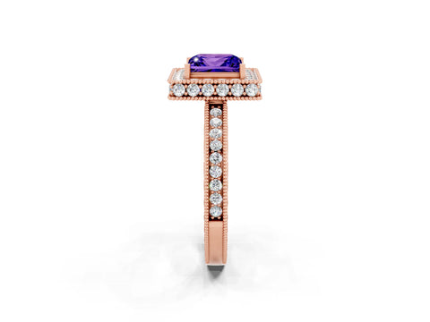 Rose gold Princess Cut Halo Diamond Engagement Ring with Milgrain Pave Band and Four-Prong Setting_2