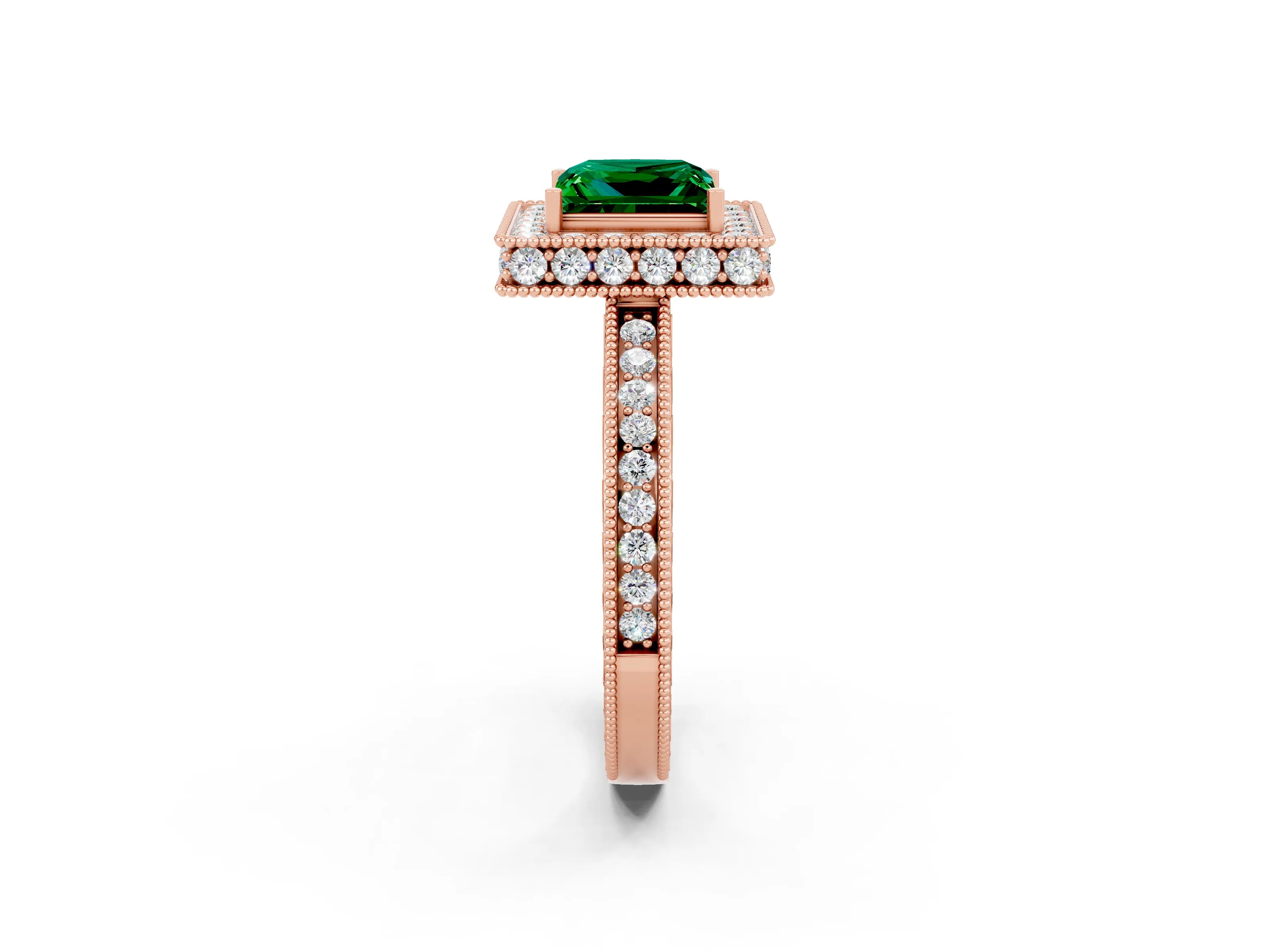 Rose gold Princess Cut Halo Diamond Engagement Ring with Milgrain Pave Band and Four-Prong Setting_2