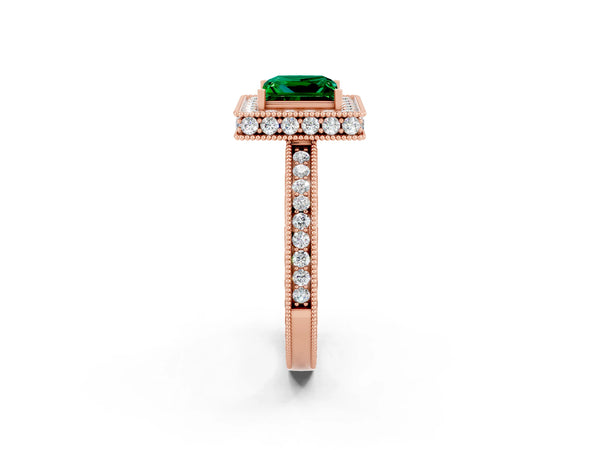 Rose gold Princess Cut Halo Diamond Engagement Ring with Milgrain Pave Band and Four-Prong Setting