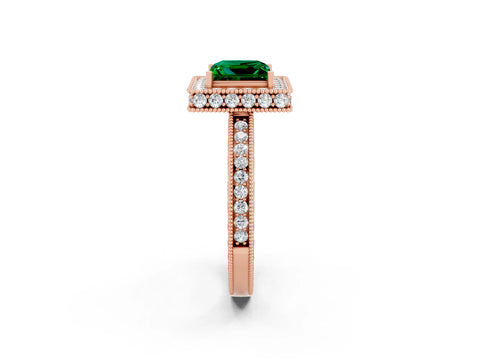 Rose gold Princess Cut Halo Diamond Engagement Ring with Milgrain Pave Band and Four-Prong Setting_2