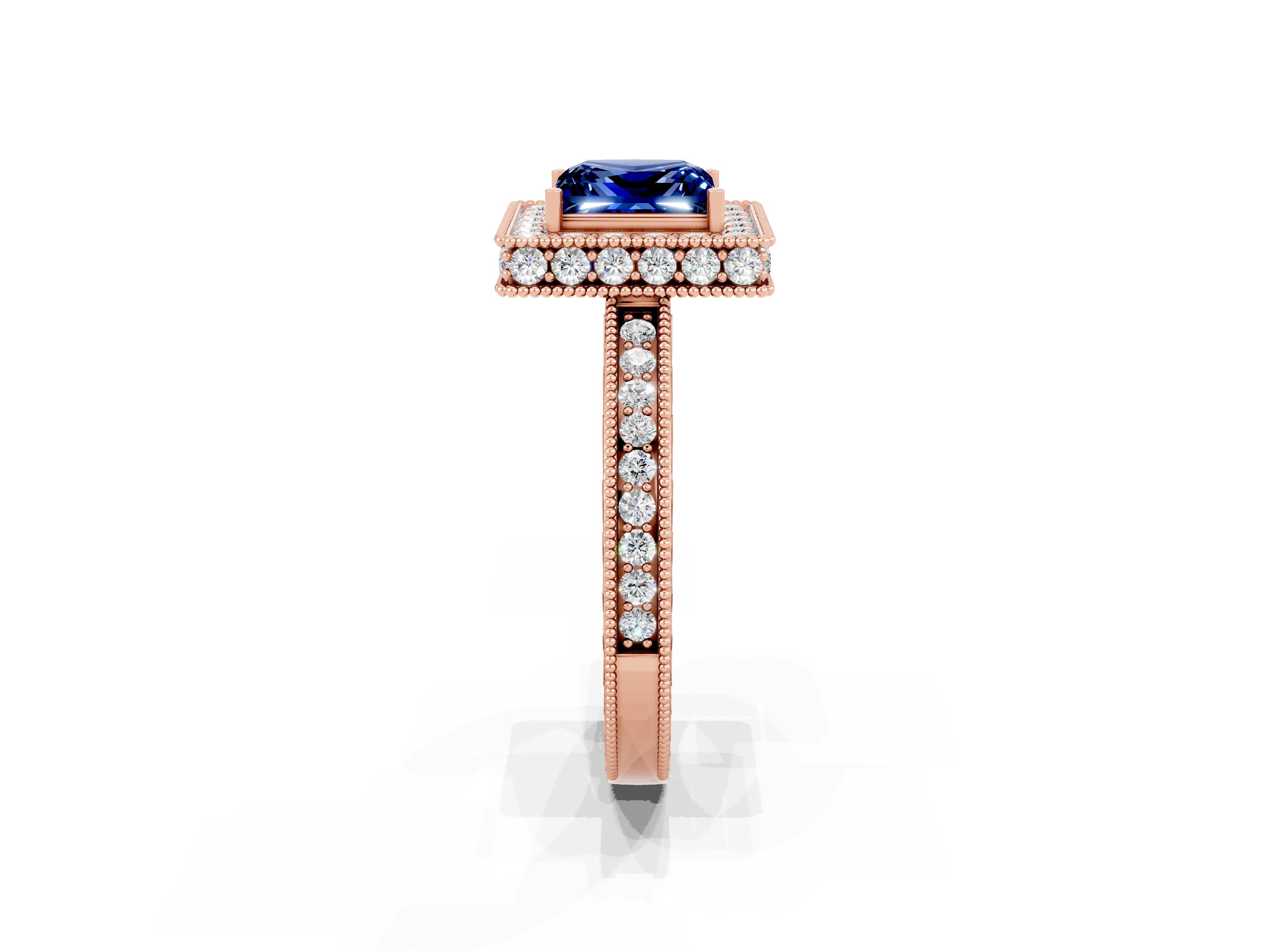 Rose gold Princess Cut Halo Diamond Engagement Ring with Milgrain Pave Band and Four-Prong Setting_2