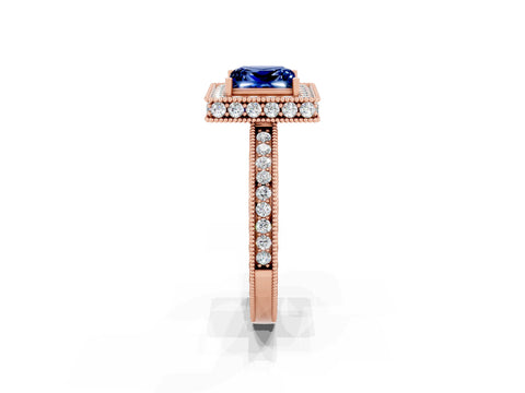 Rose gold Princess Cut Halo Diamond Engagement Ring with Milgrain Pave Band and Four-Prong Setting_2