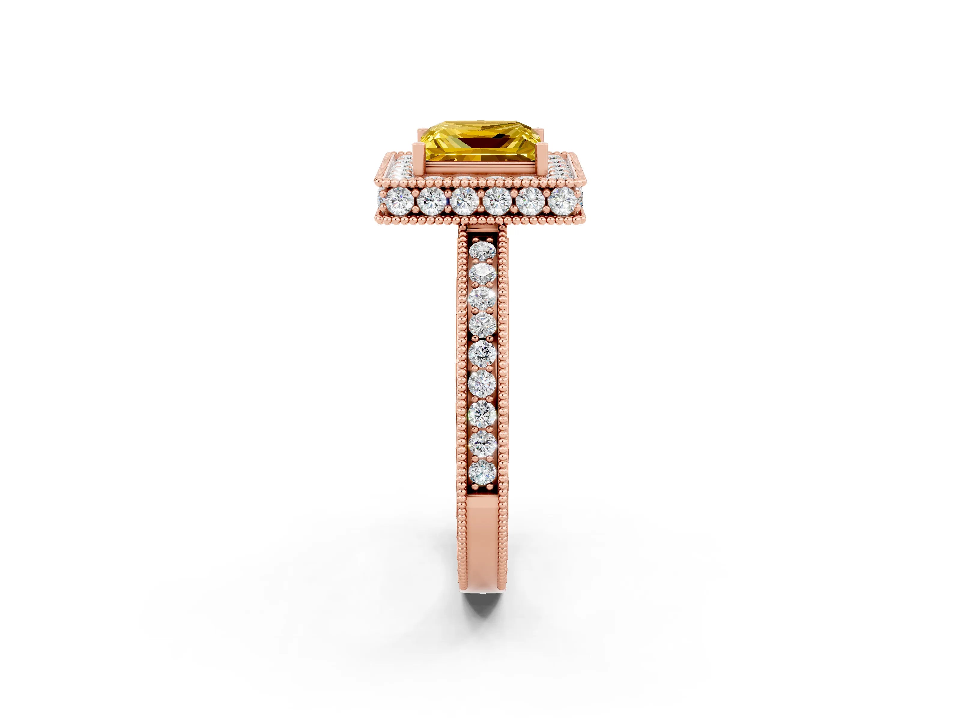 Rose gold Princess Cut Halo Diamond Engagement Ring with Milgrain Pave Band and Four-Prong Setting_2