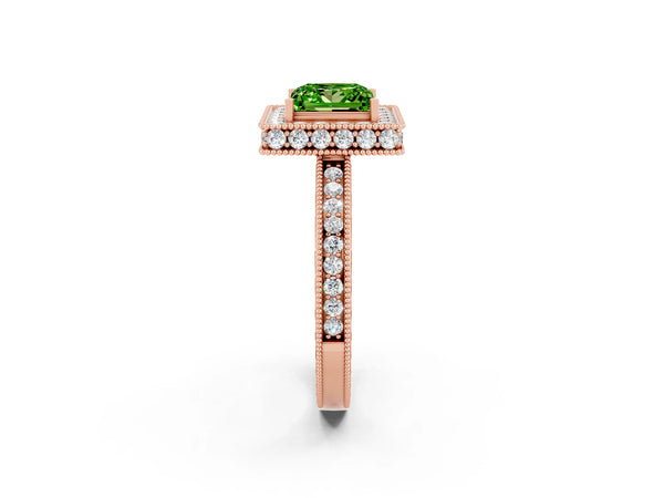 Rose gold Princess Cut Halo Diamond Engagement Ring with Milgrain Pave Band and Four-Prong Setting
