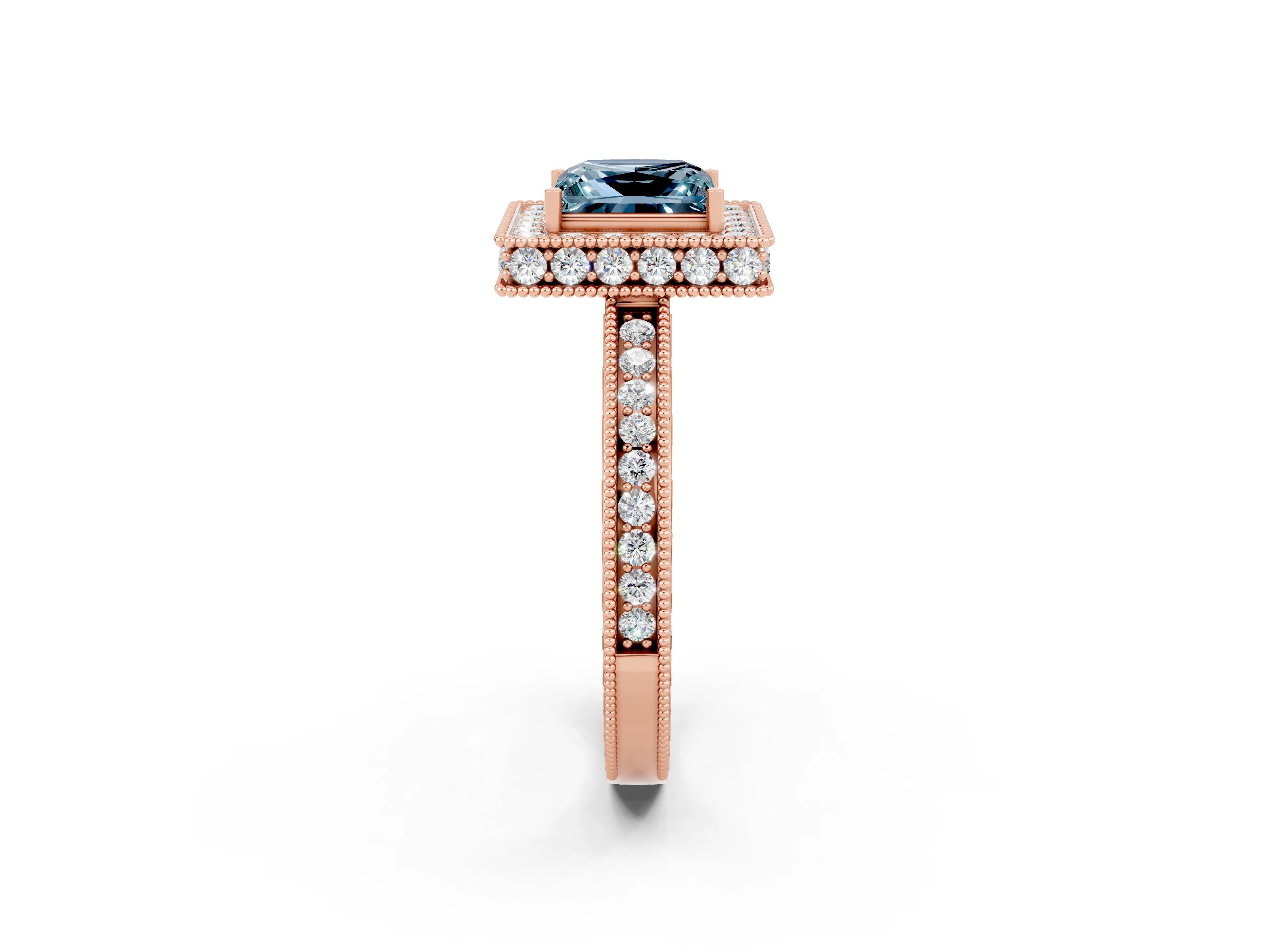 Rose gold Princess Cut Halo Diamond Engagement Ring with Milgrain Pave Band and Four-Prong Setting_2