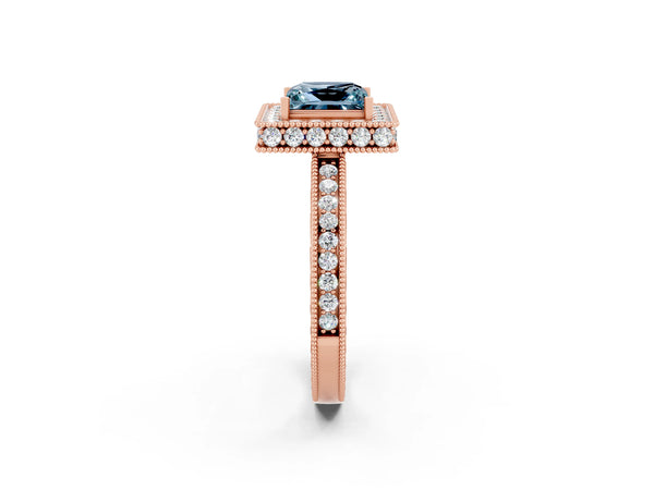 Rose gold Princess Cut Halo Diamond Engagement Ring with Milgrain Pave Band and Four-Prong Setting