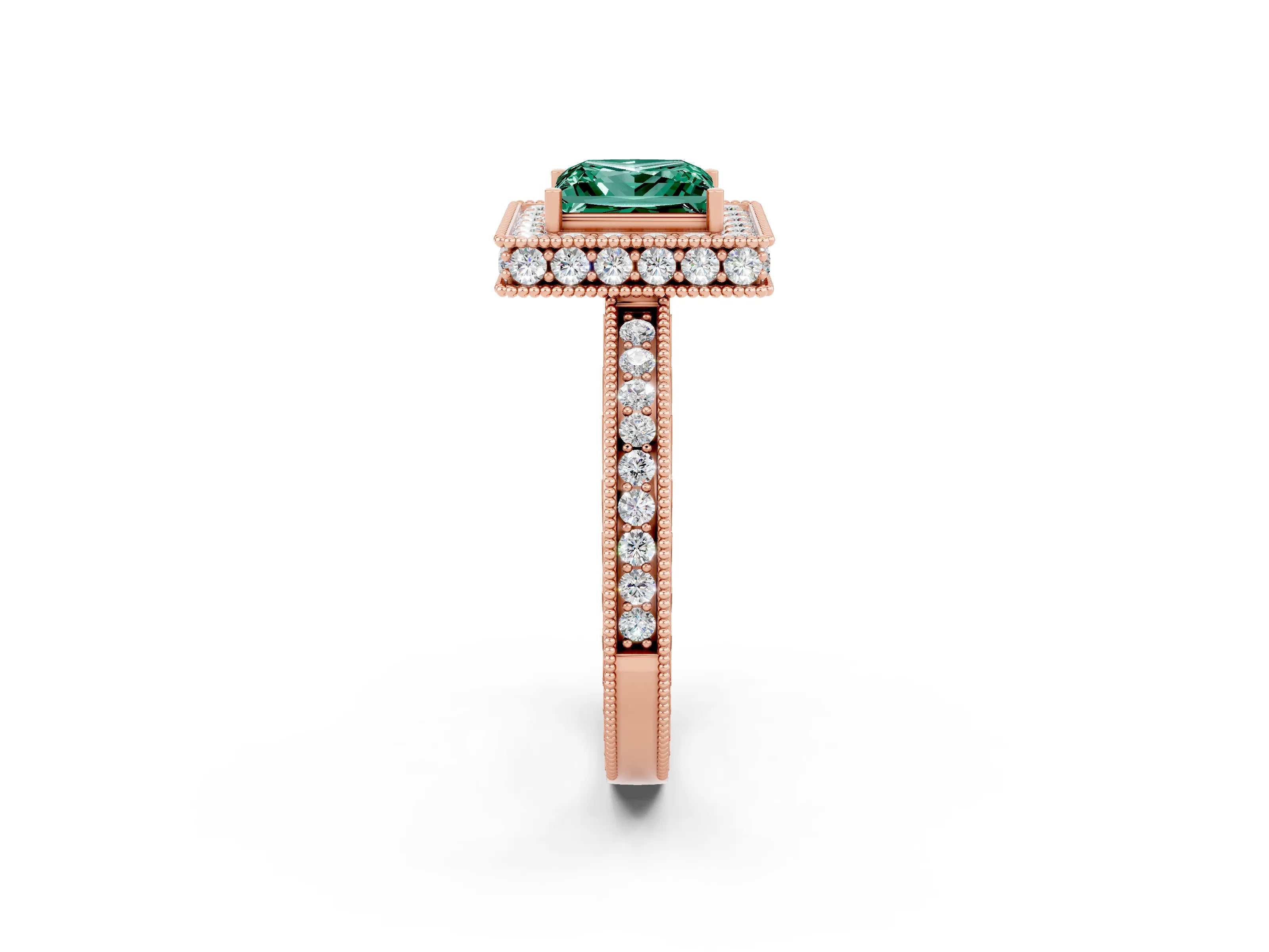 Rose gold Princess Cut Halo Diamond Engagement Ring with Milgrain Pave Band and Four-Prong Setting_2