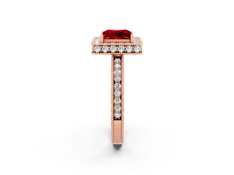 Rose gold Princess Cut Halo Diamond Engagement Ring with Milgrain Pave Band and Four-Prong Setting_2