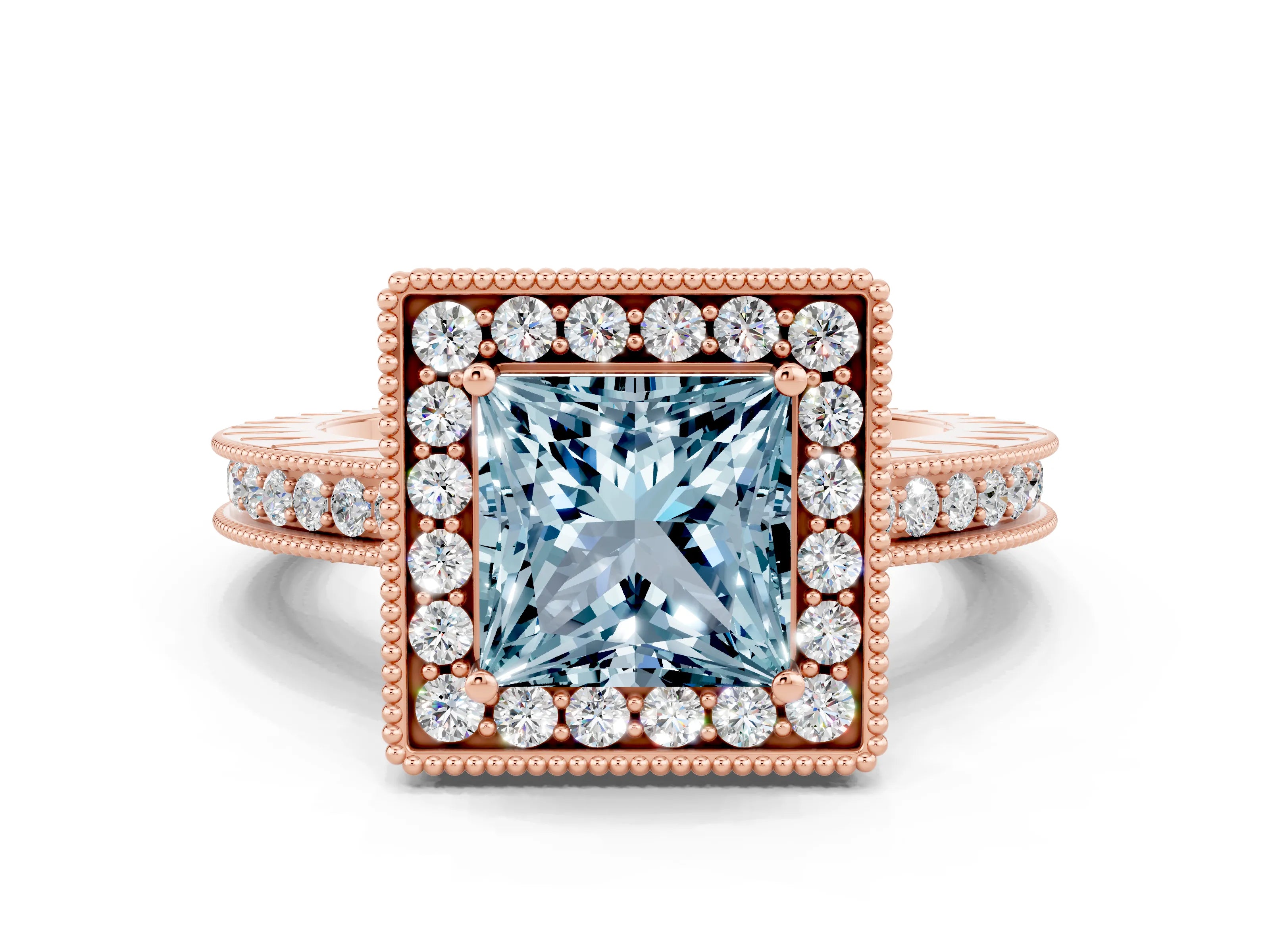 Rose gold Princess Cut Halo Diamond Engagement Ring with Milgrain Pave Band and Four-Prong Setting