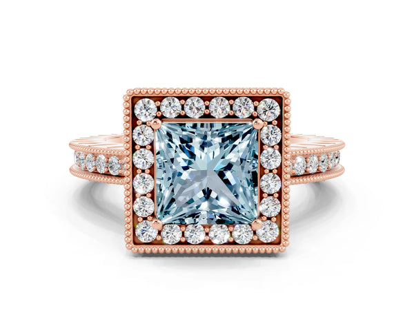 Rose gold Princess Cut Halo Diamond Engagement Ring with Milgrain Pave Band and Four-Prong Setting