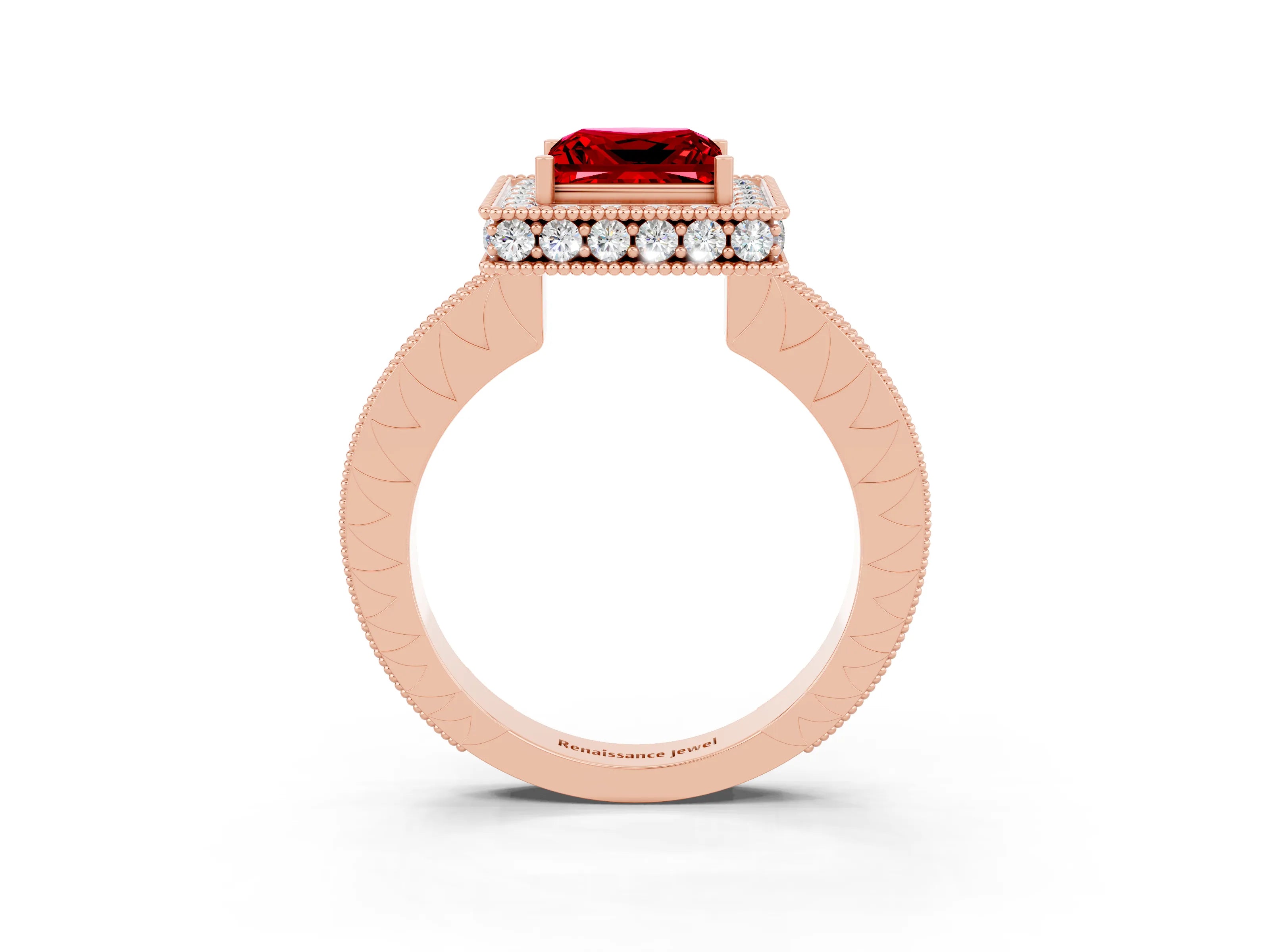 Rose gold Princess Cut Halo Diamond Engagement Ring with Milgrain Pave Band and Four-Prong Setting_3