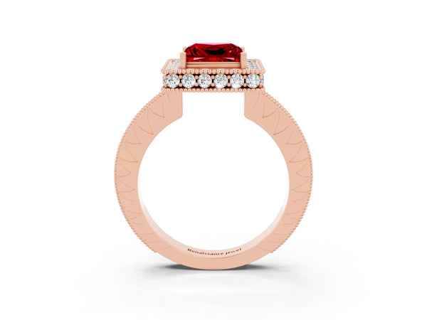 Rose gold Princess Cut Halo Diamond Engagement Ring with Milgrain Pave Band and Four-Prong Setting