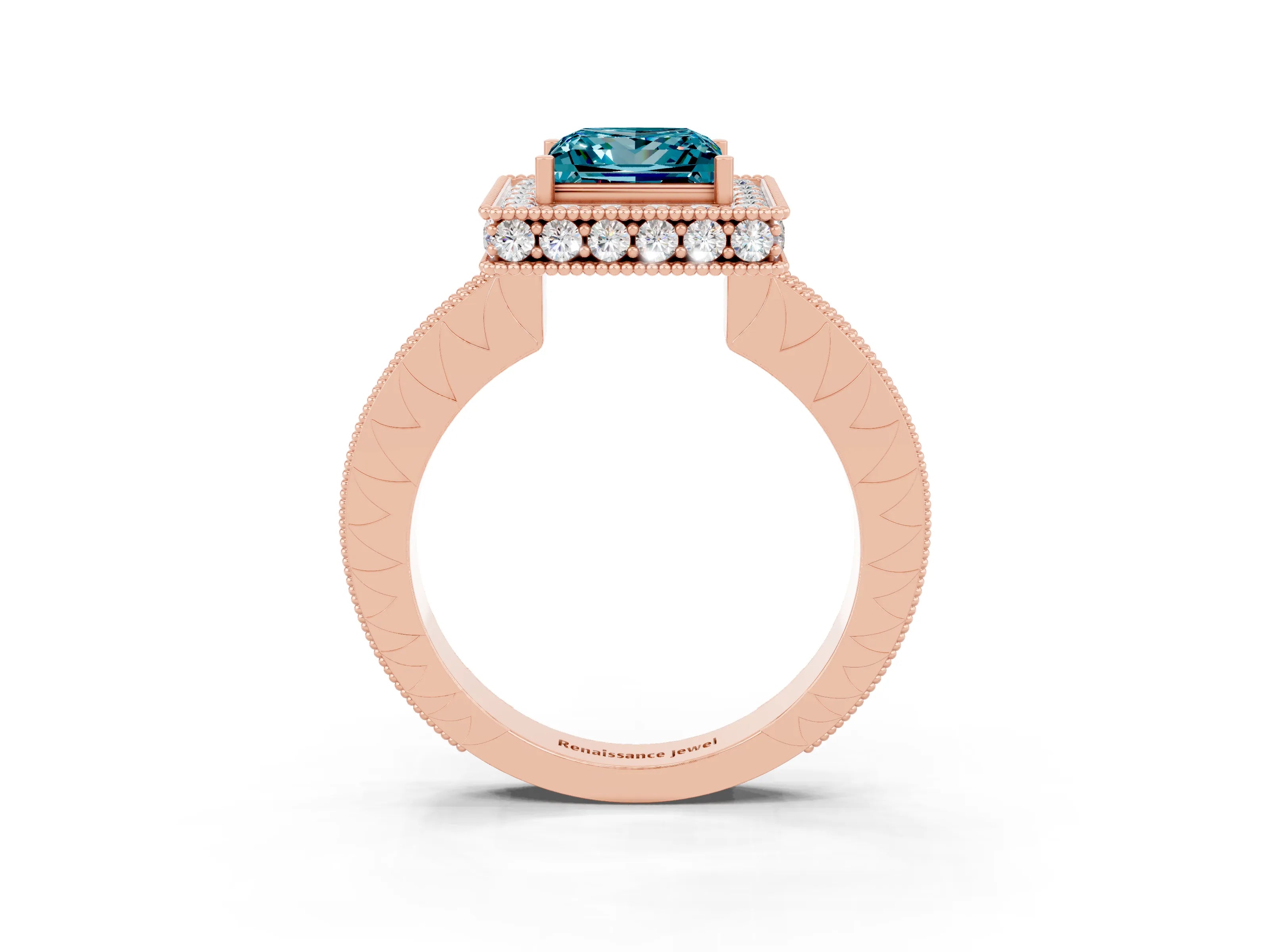 Rose gold Princess Cut Halo Diamond Engagement Ring with Milgrain Pave Band and Four-Prong Setting_3