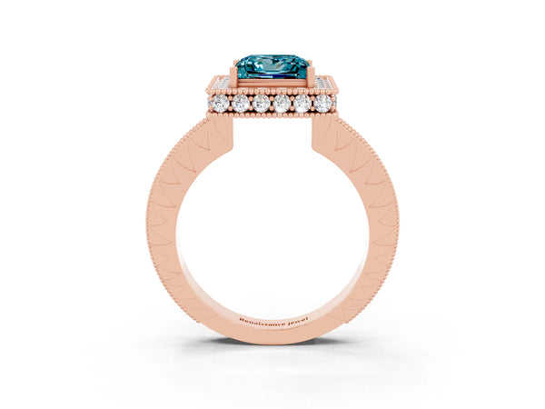 Rose gold Princess Cut Halo Diamond Engagement Ring with Milgrain Pave Band and Four-Prong Setting