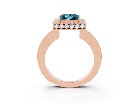 Rose gold Princess Cut Halo Diamond Engagement Ring with Milgrain Pave Band and Four-Prong Setting_3