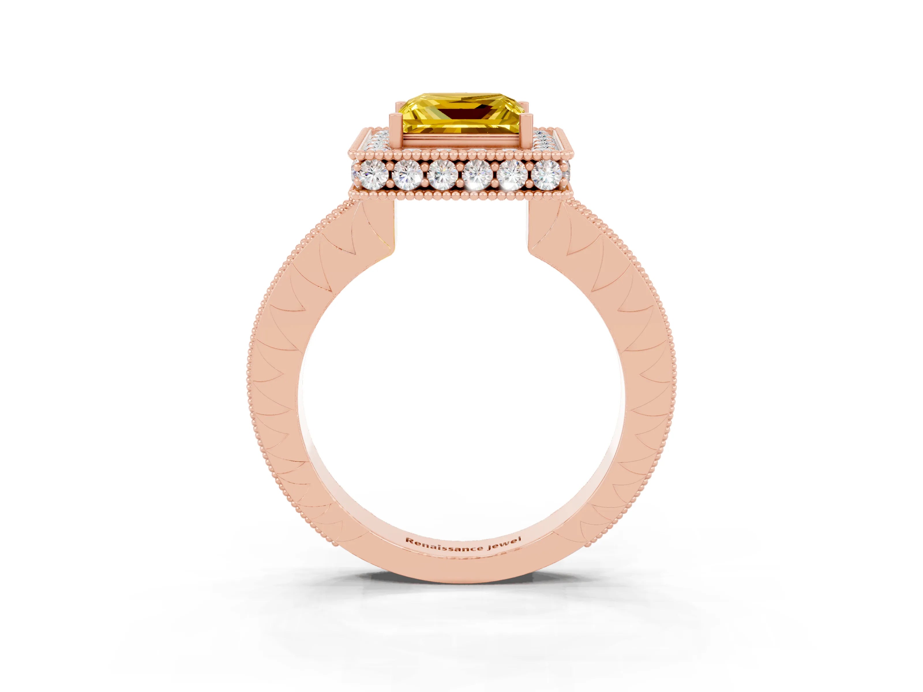 Rose gold Princess Cut Halo Diamond Engagement Ring with Milgrain Pave Band and Four-Prong Setting_3
