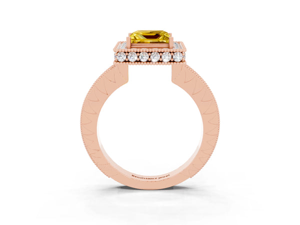Rose gold Princess Cut Halo Diamond Engagement Ring with Milgrain Pave Band and Four-Prong Setting