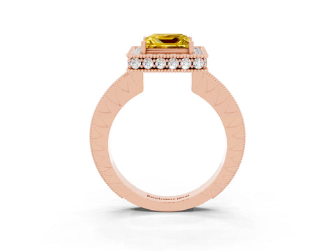 Rose gold Princess Cut Halo Diamond Engagement Ring with Milgrain Pave Band and Four-Prong Setting_3