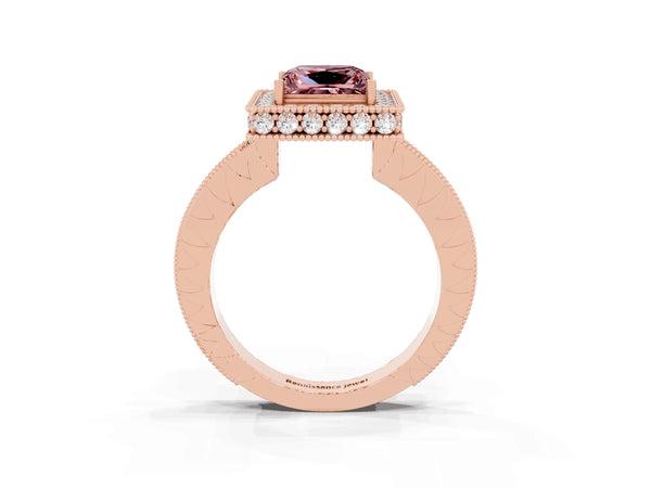 Rose gold Princess Cut Halo Diamond Engagement Ring with Milgrain Pave Band and Four-Prong Setting