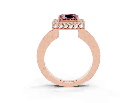 Rose gold Princess Cut Halo Diamond Engagement Ring with Milgrain Pave Band and Four-Prong Setting_3