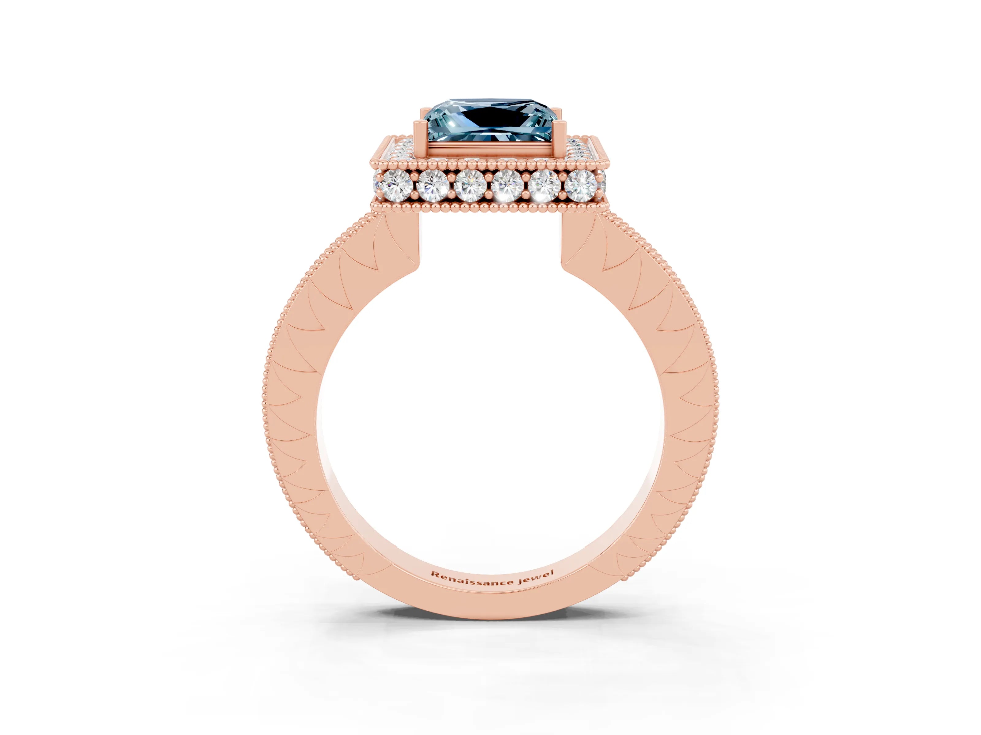Rose gold Princess Cut Halo Diamond Engagement Ring with Milgrain Pave Band and Four-Prong Setting_3