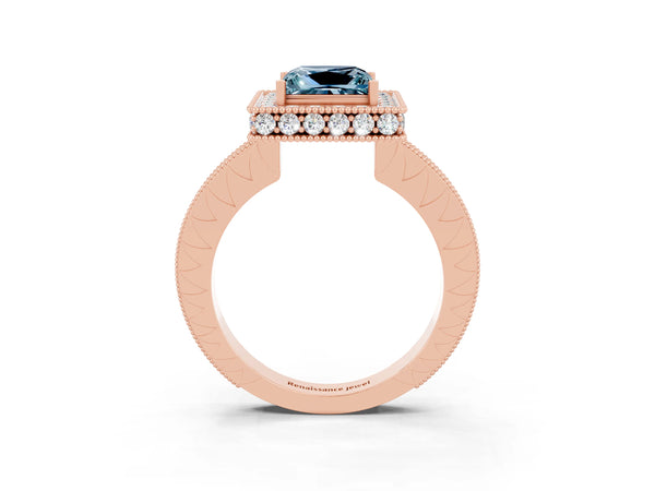 Rose gold Princess Cut Halo Diamond Engagement Ring with Milgrain Pave Band and Four-Prong Setting