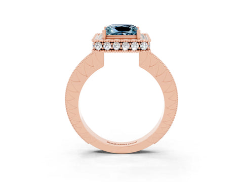 Rose gold Princess Cut Halo Diamond Engagement Ring with Milgrain Pave Band and Four-Prong Setting_3