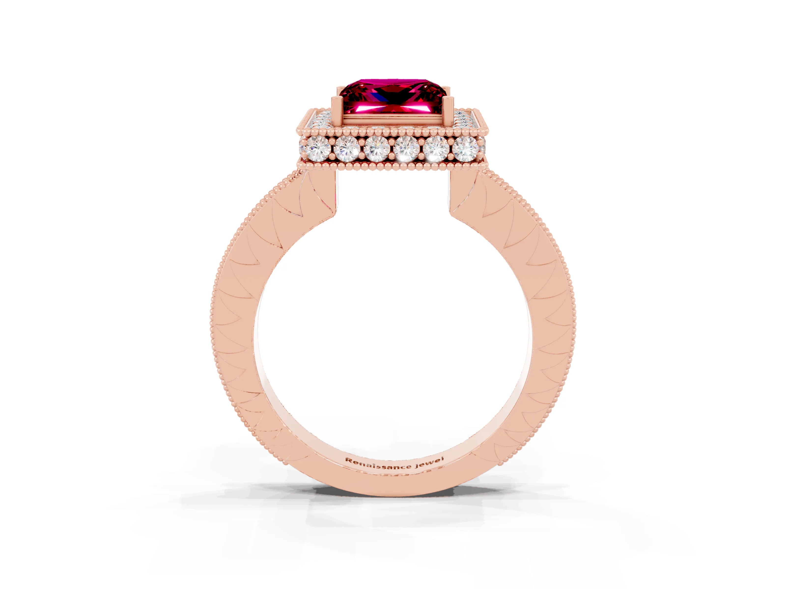 Rose gold Princess Cut Halo Diamond Engagement Ring with Milgrain Pave Band and Four-Prong Setting_3