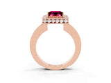 Rose gold Princess Cut Halo Diamond Engagement Ring with Milgrain Pave Band and Four-Prong Setting_3