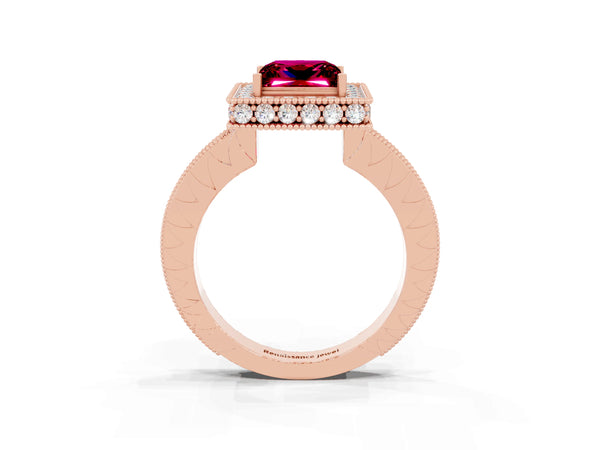 Rose gold Princess Cut Halo Diamond Engagement Ring with Milgrain Pave Band and Four-Prong Setting