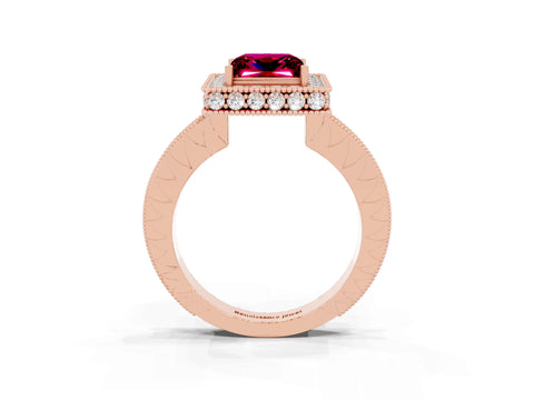 Rose gold Princess Cut Halo Diamond Engagement Ring with Milgrain Pave Band and Four-Prong Setting_3