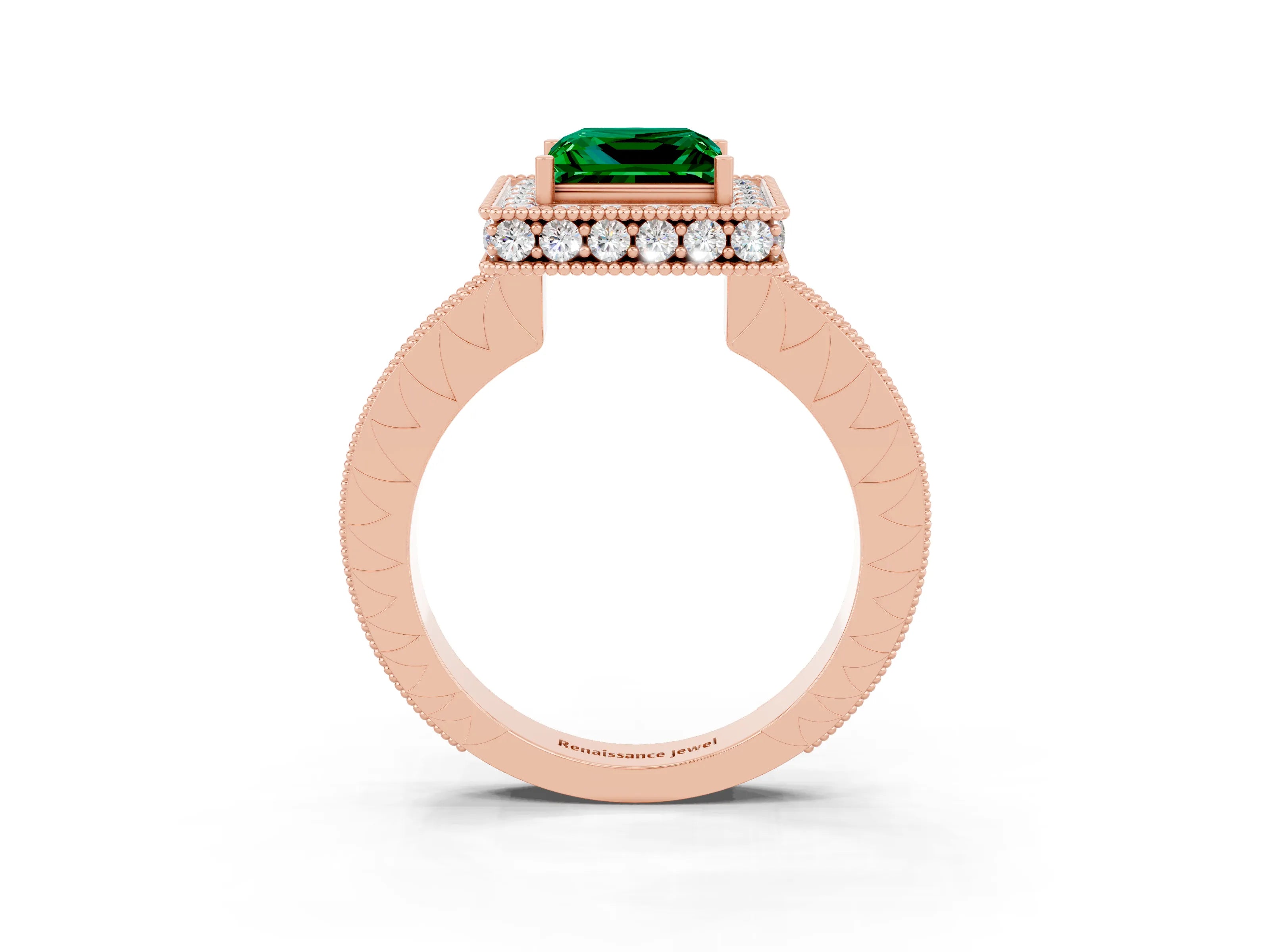 Rose gold Princess Cut Halo Diamond Engagement Ring with Milgrain Pave Band and Four-Prong Setting_3
