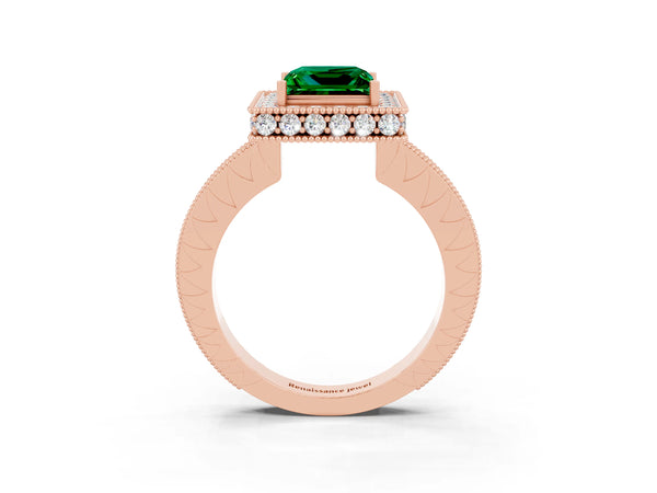 Rose gold Princess Cut Halo Diamond Engagement Ring with Milgrain Pave Band and Four-Prong Setting
