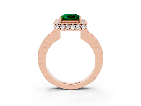 Rose gold Princess Cut Halo Diamond Engagement Ring with Milgrain Pave Band and Four-Prong Setting_3