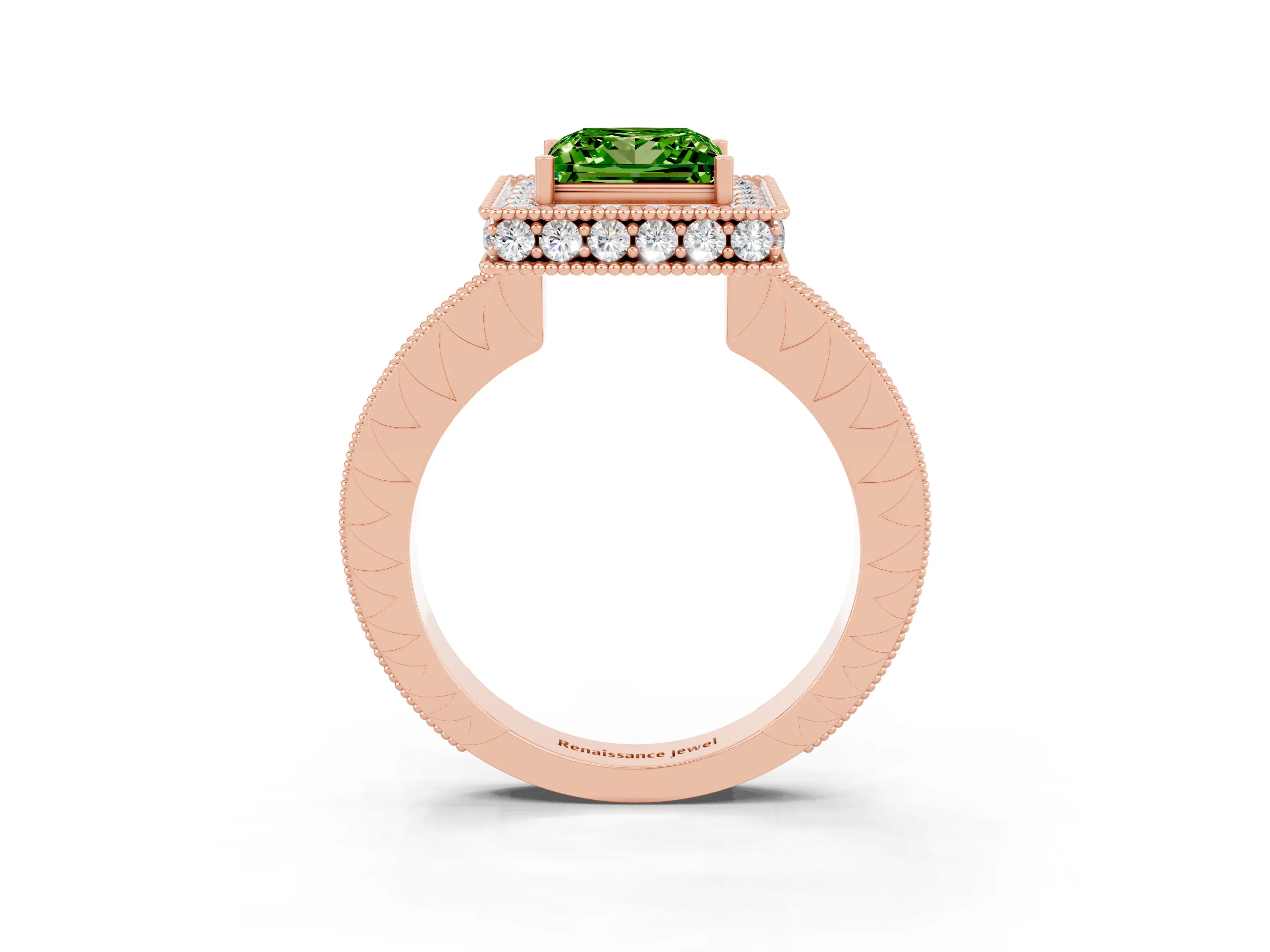 Rose gold Princess Cut Halo Diamond Engagement Ring with Milgrain Pave Band and Four-Prong Setting_3