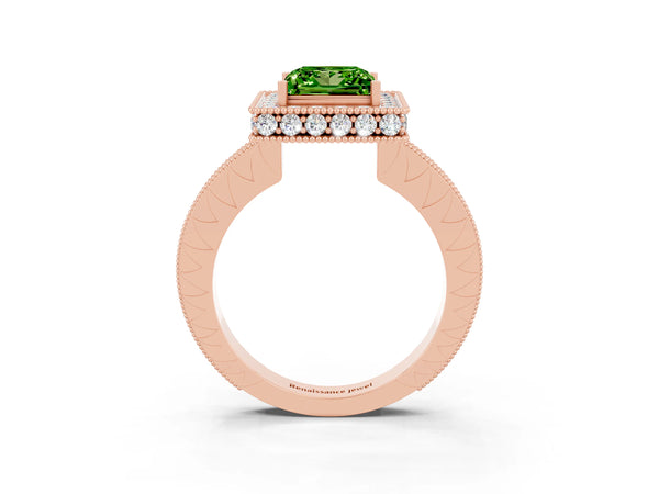 Rose gold Princess Cut Halo Diamond Engagement Ring with Milgrain Pave Band and Four-Prong Setting