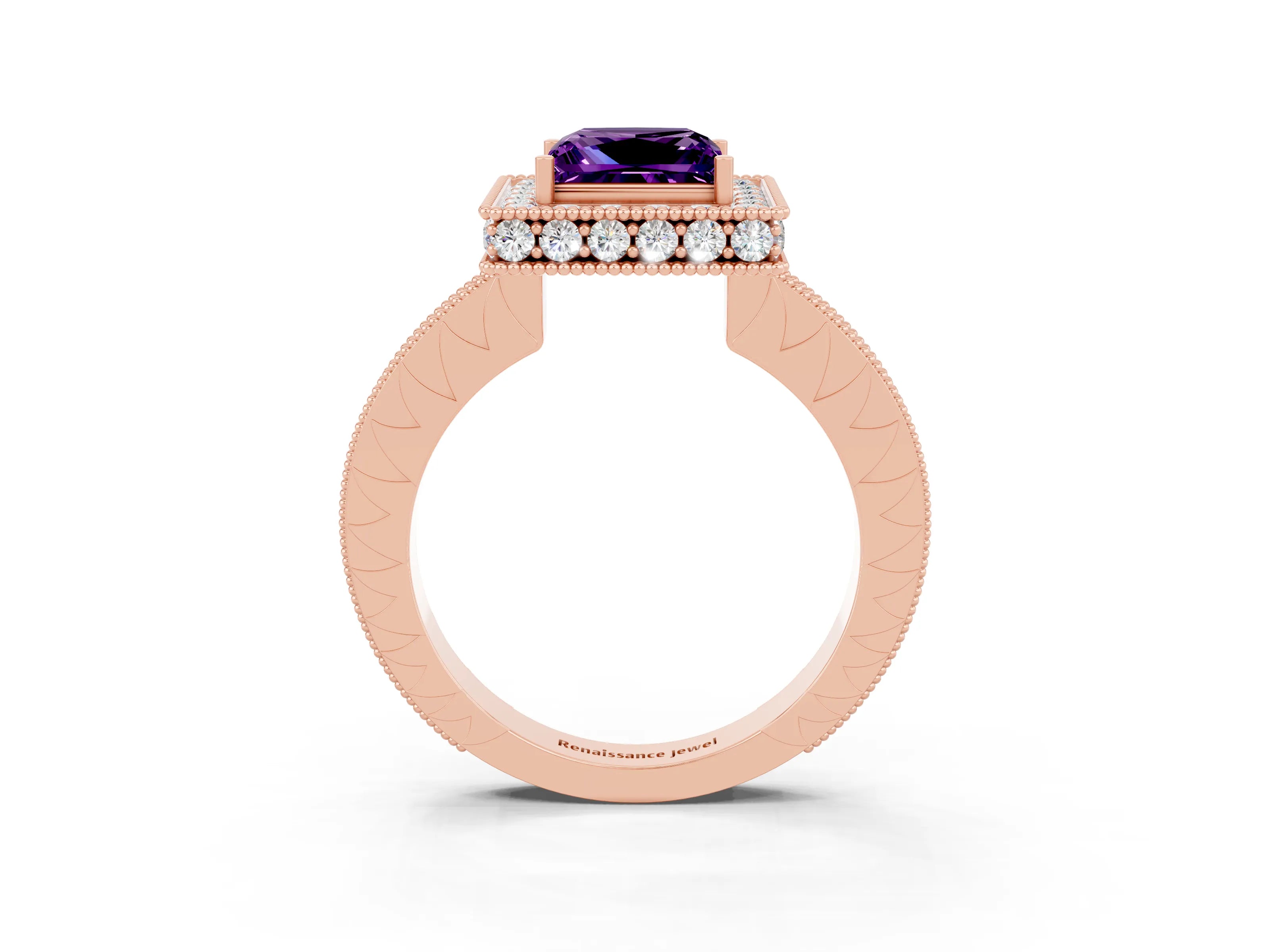 Rose gold Princess Cut Halo Diamond Engagement Ring with Milgrain Pave Band and Four-Prong Setting_3