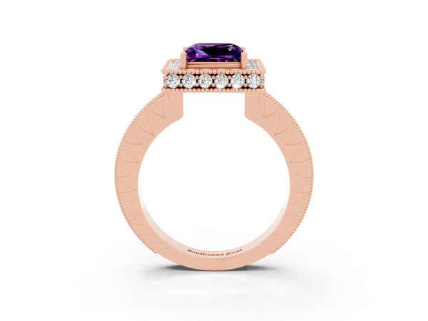 Rose gold Princess Cut Amethyst Milgrain Halo Engagement Ring with Round Pavé Band and Prong Setting