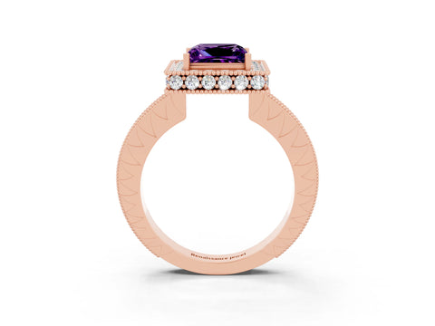 Rose gold Princess Cut Halo Diamond Engagement Ring with Milgrain Pave Band and Four-Prong Setting_3