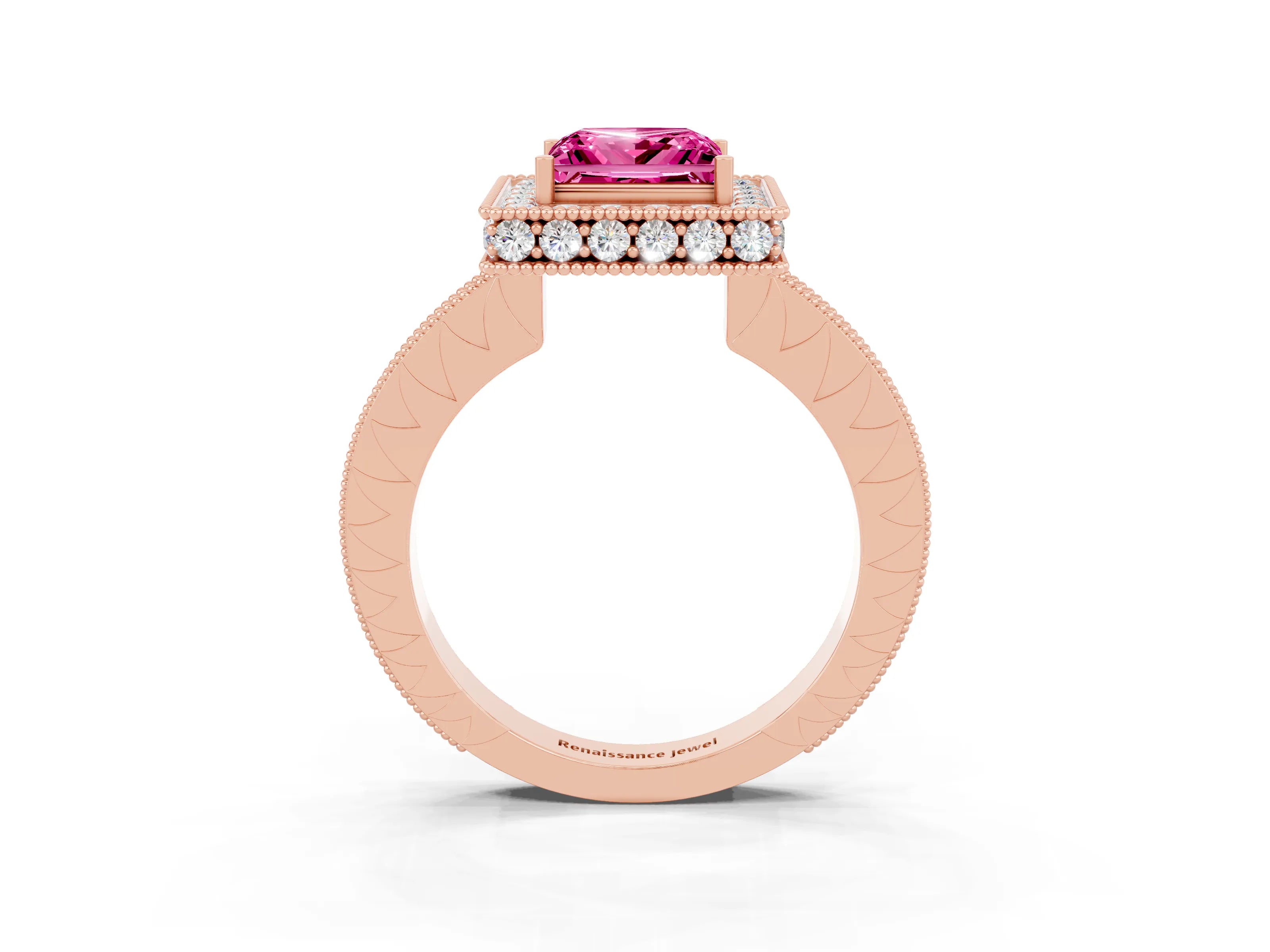 Rose gold Princess Cut Halo Diamond Engagement Ring with Milgrain Pave Band and Four-Prong Setting_3