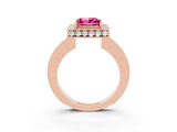 Rose gold Princess Cut Halo Diamond Engagement Ring with Milgrain Pave Band and Four-Prong Setting_3