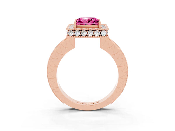 Rose gold Princess Cut Halo Diamond Engagement Ring with Milgrain Pave Band and Four-Prong Setting