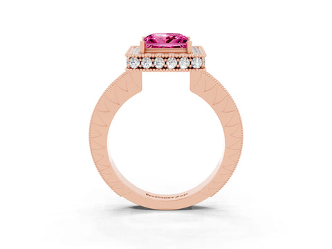 Rose gold Princess Cut Halo Diamond Engagement Ring with Milgrain Pave Band and Four-Prong Setting_3
