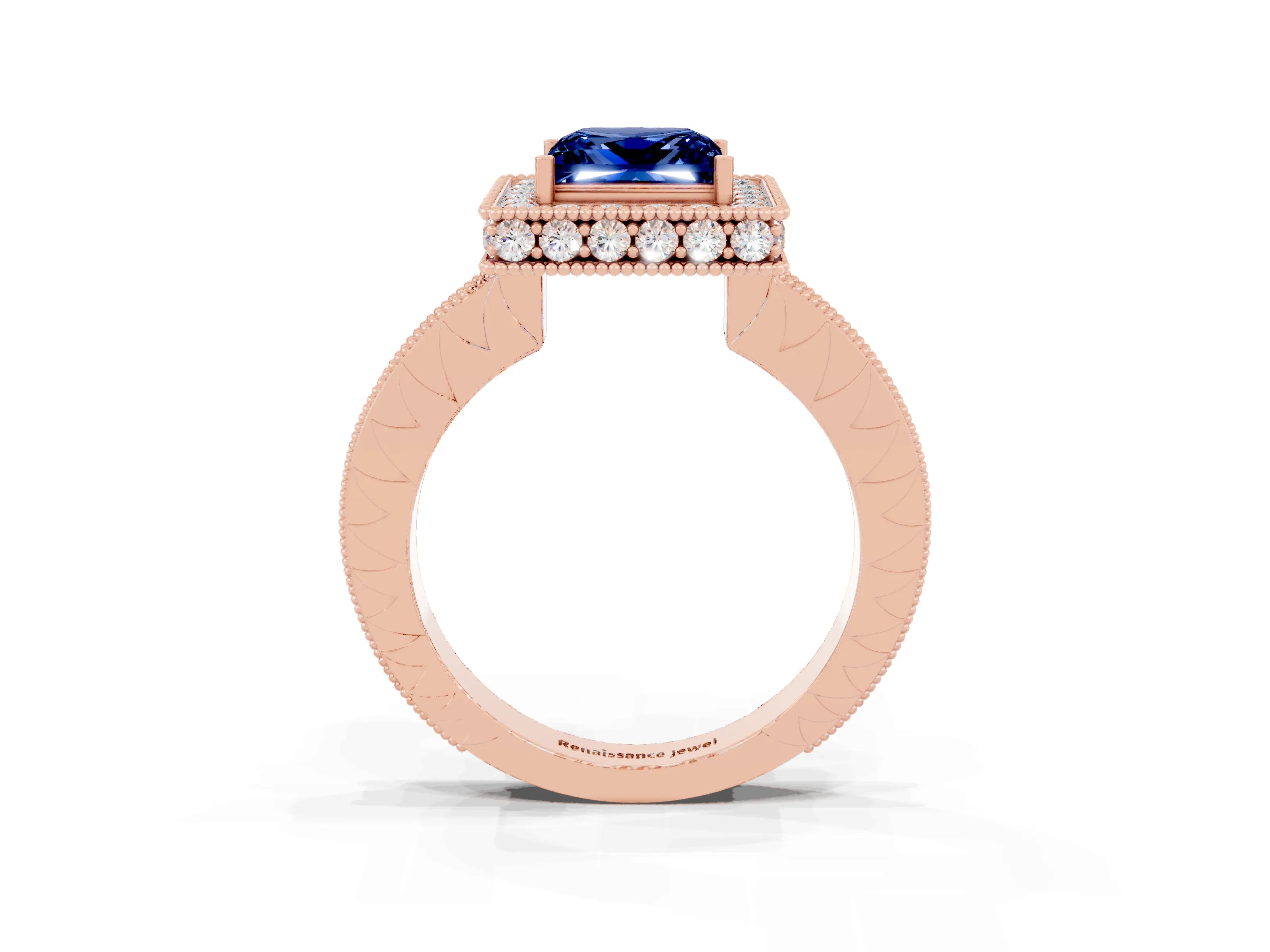 Rose gold Princess Cut Halo Diamond Engagement Ring with Milgrain Pave Band and Four-Prong Setting_3