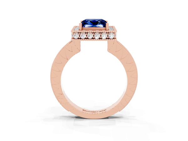 Rose gold Princess Cut Halo Diamond Engagement Ring with Milgrain Pave Band and Four-Prong Setting