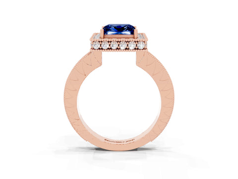 Rose gold Princess Cut Halo Diamond Engagement Ring with Milgrain Pave Band and Four-Prong Setting_3