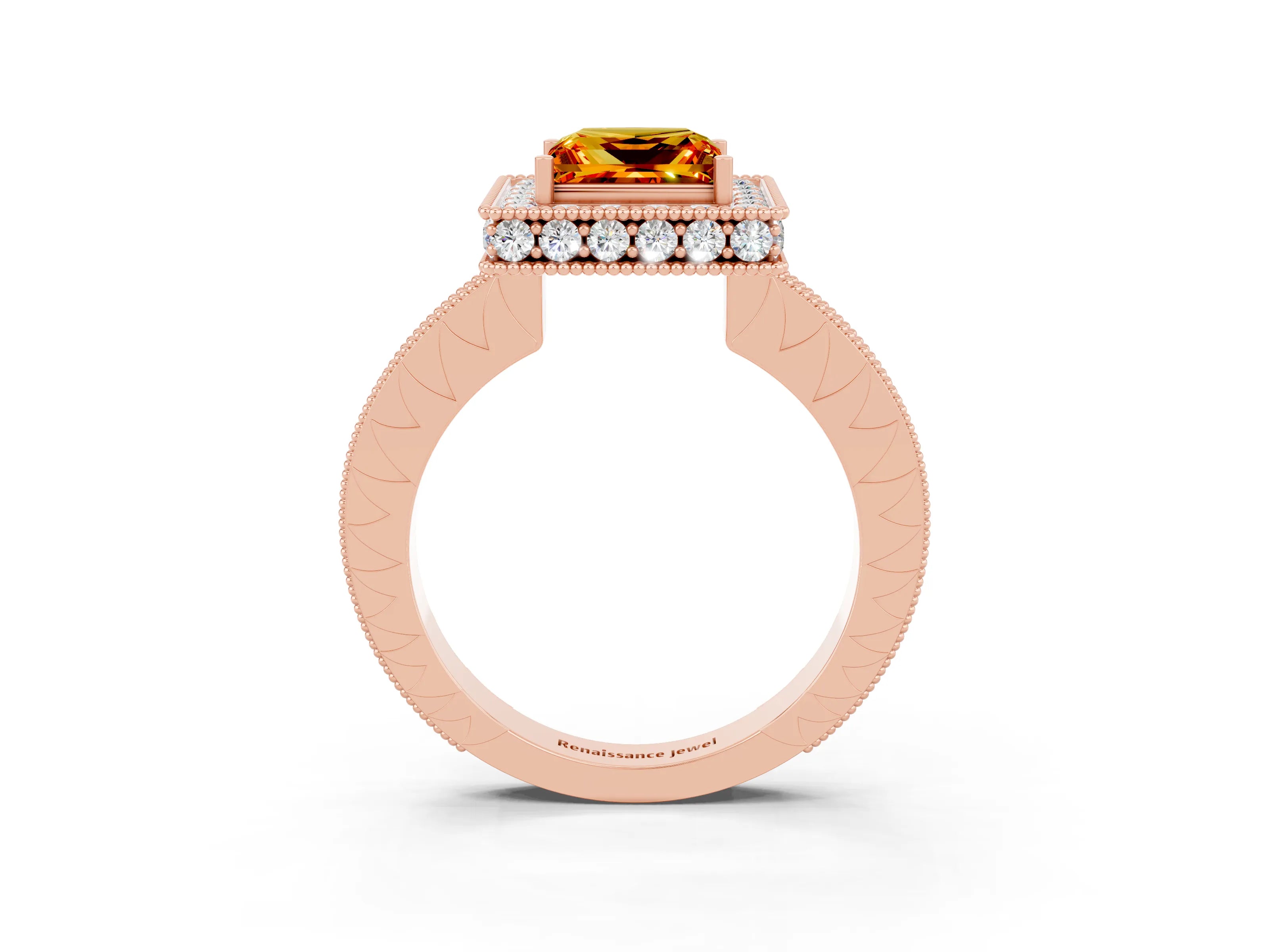 Rose gold Princess Cut Halo Diamond Engagement Ring with Milgrain Pave Band and Four-Prong Setting_3