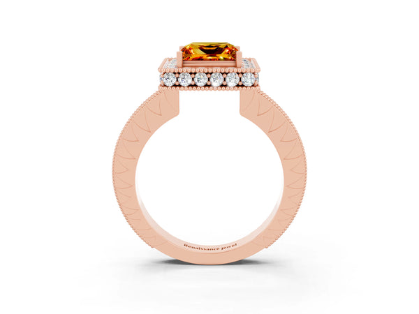 Rose gold Princess Cut Halo Diamond Engagement Ring with Milgrain Pave Band and Four-Prong Setting