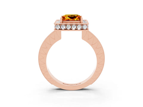 Rose gold Princess Cut Halo Diamond Engagement Ring with Milgrain Pave Band and Four-Prong Setting_3